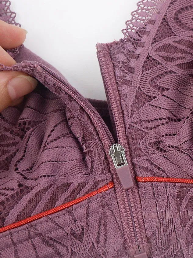 Soft Comfortable Lace Front Zipper Wireless Cotton Bra