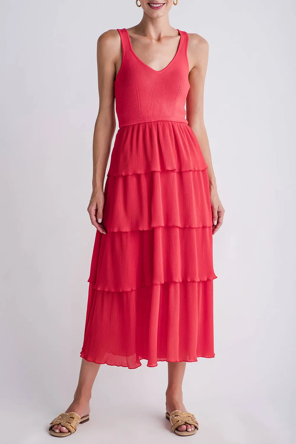 Merci Pleated Tiered Midi Dress - redorange