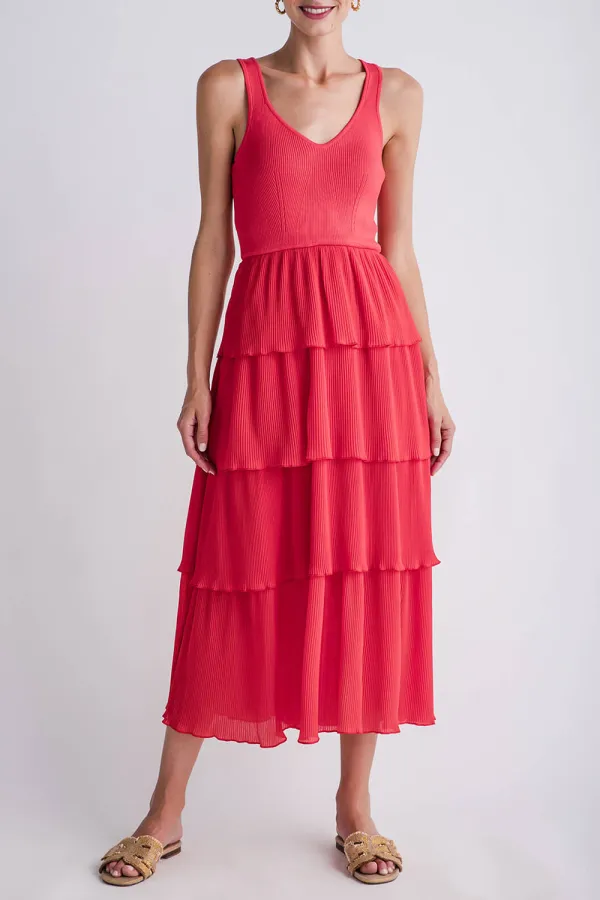 Merci Pleated Tiered Midi Dress - redorange