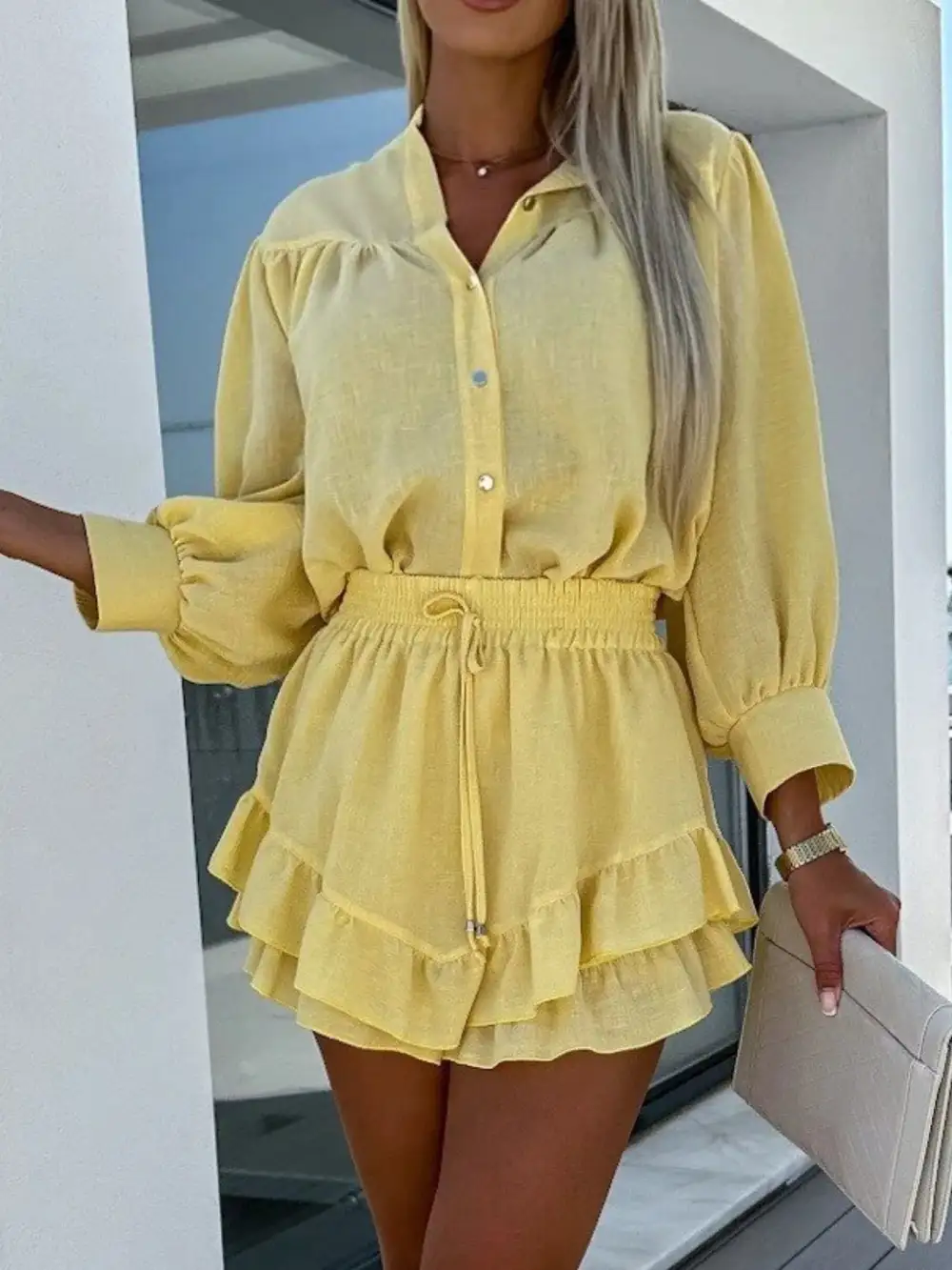 Airy Button Front Ruffle Trim Coordinated Set
