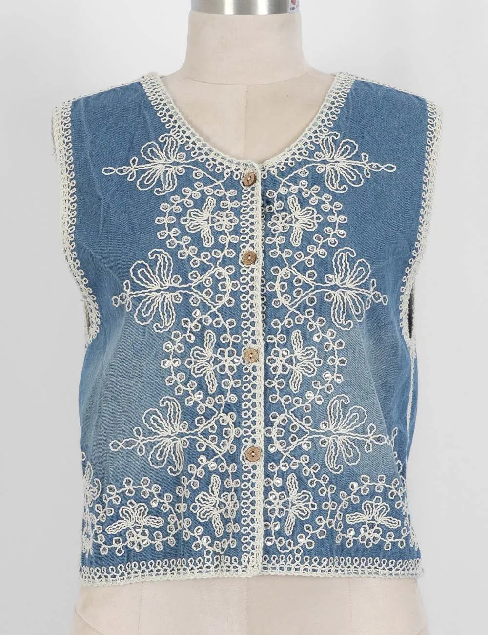 Rhinestone Embroidery Button Front Denim Vest