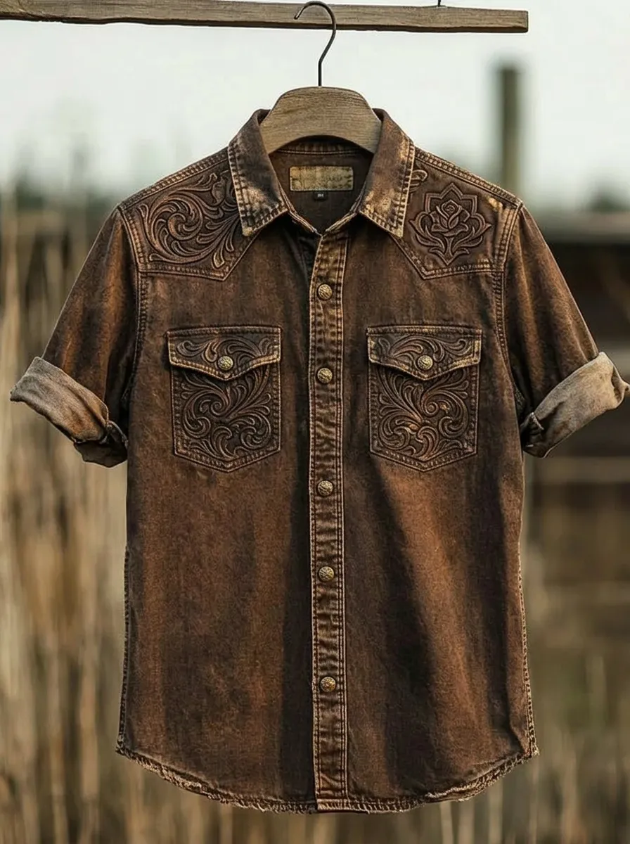 Men's Western Style Floral Tooled Leather Pattern Printed Shirt-2