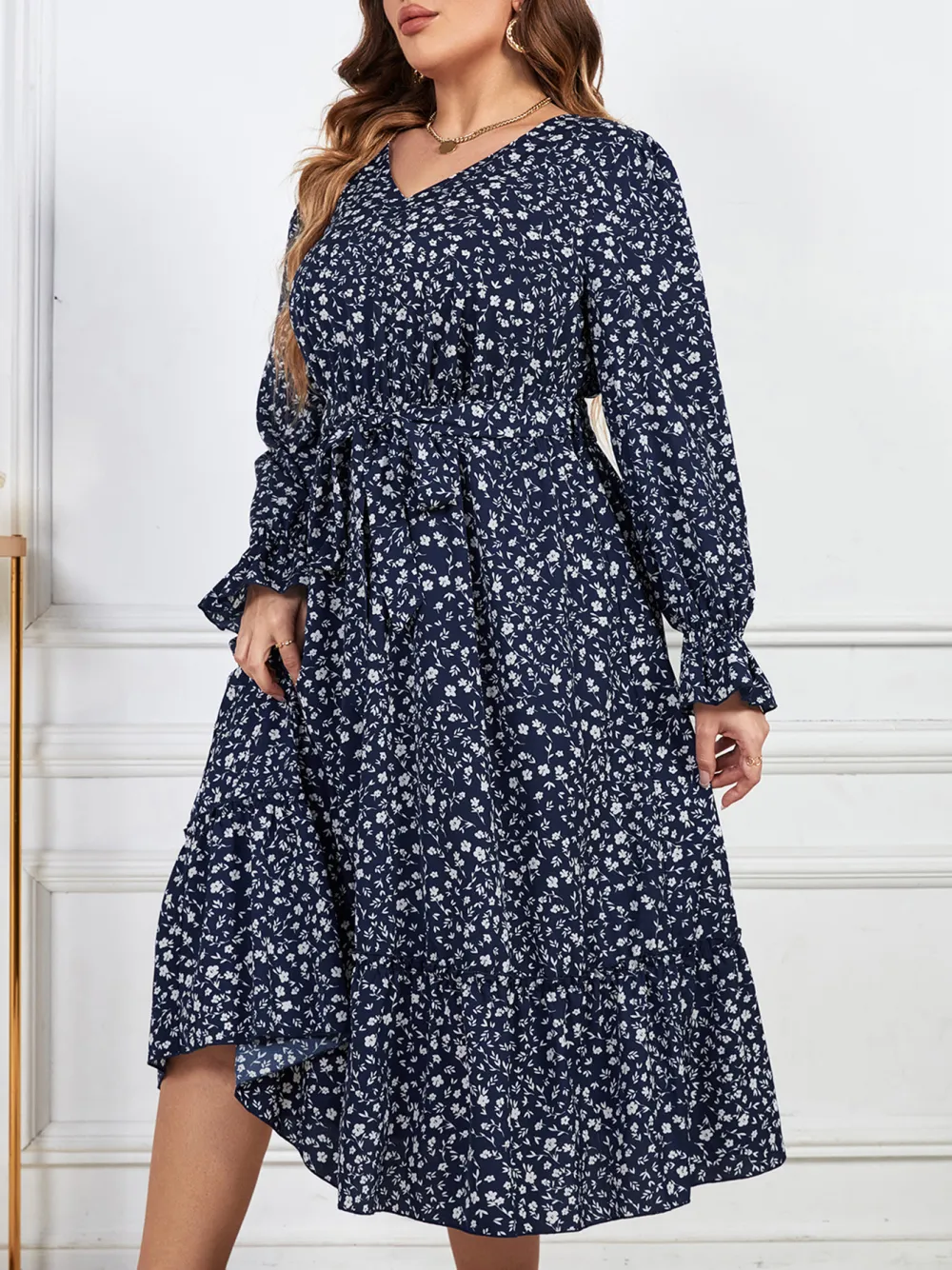 Large Size Loose Fashion V Neck Printed High Waist Women Dress