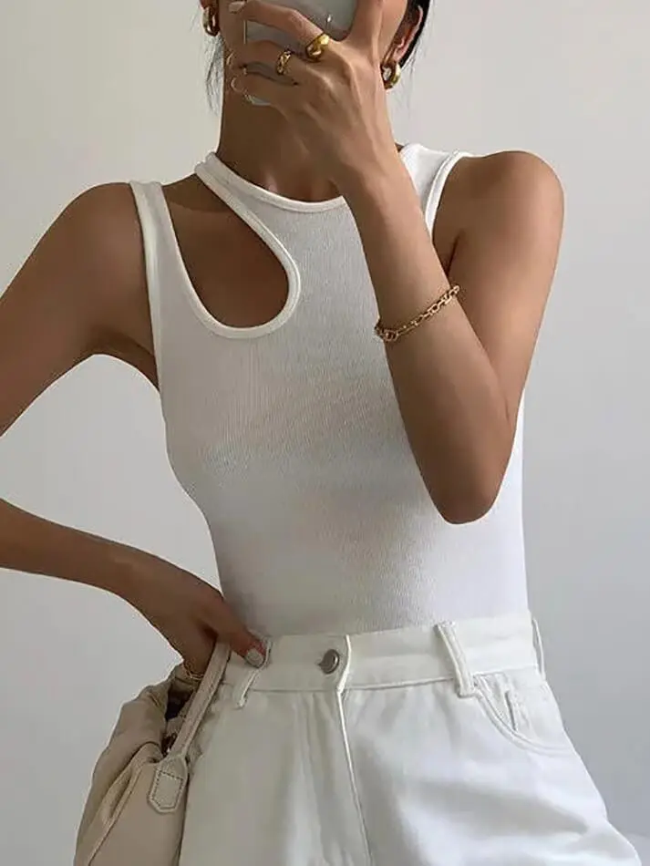 Asymmetric Crew-Neck Ribbed Sheer Tank Top