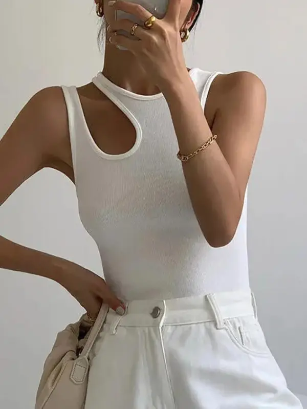 Asymmetric Crew-Neck Ribbed Sheer Tank Top