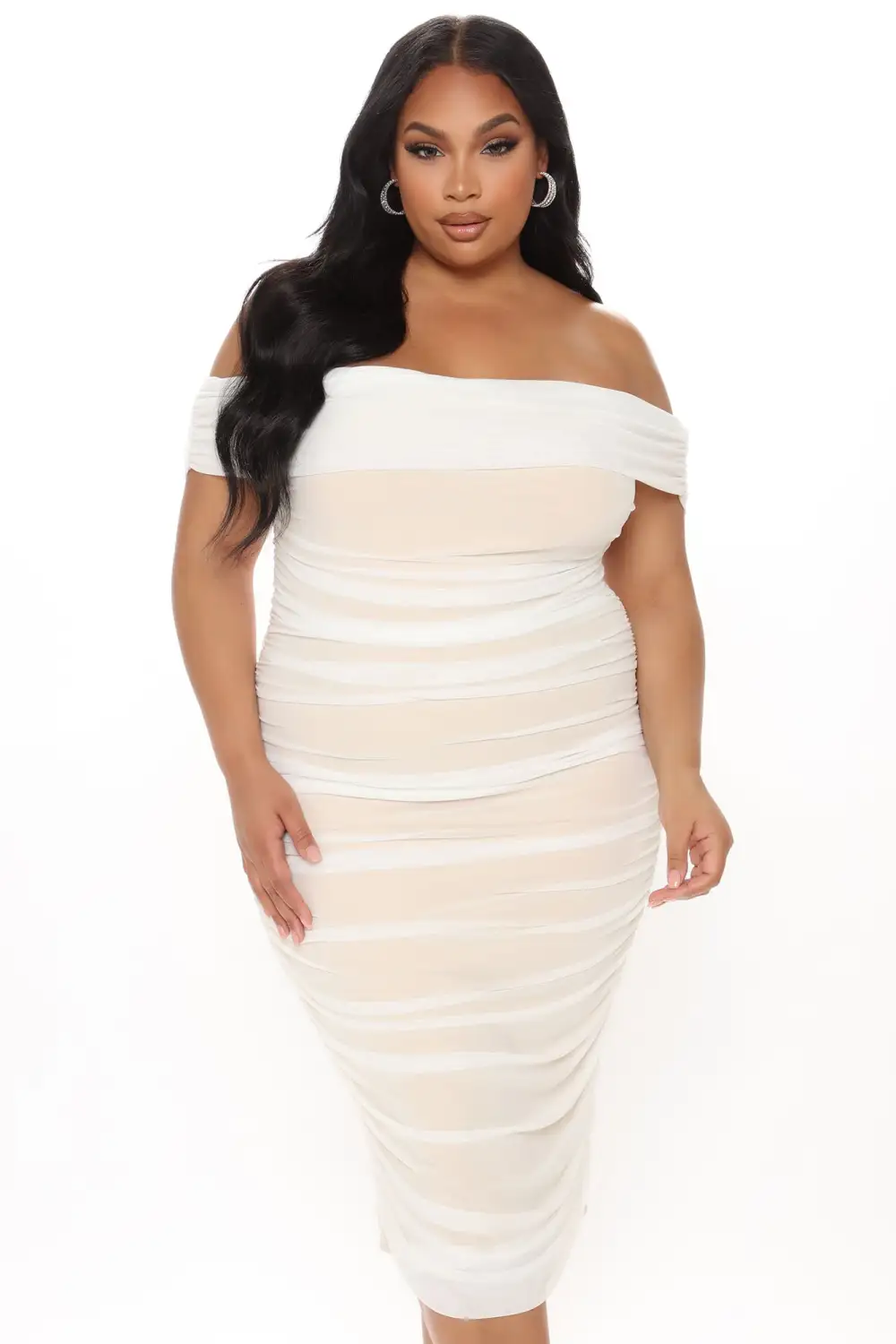 Ready And Ruched Mesh Midi Dress - White