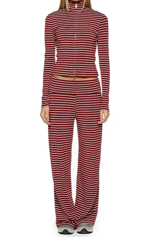 Burgundy Stripe Foldover Wide-Leg Pants