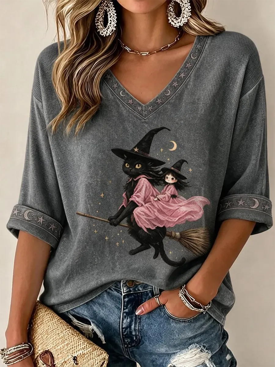 Women'S Pink Witch-Themed Print Waffle V-Neck Top