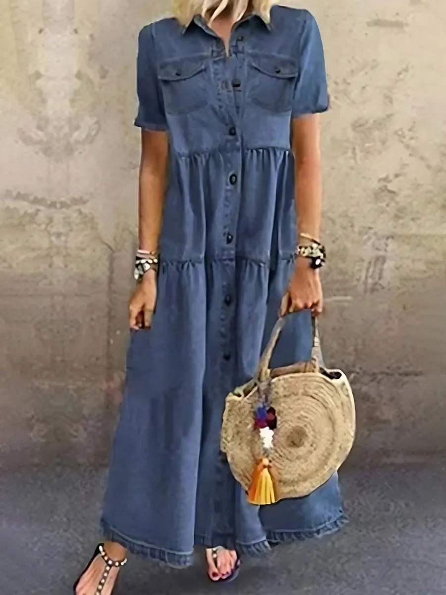 Casual Solid Make Old Turndown Collar Short Sleeve High Waist Regular Denim Dresses