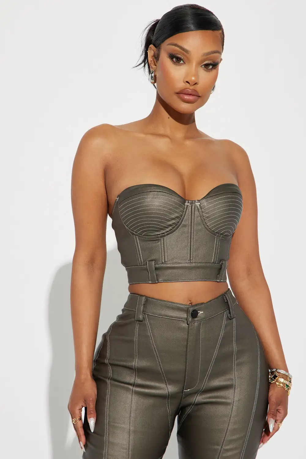 Lola Faux Leather Pant  Set - Bronze