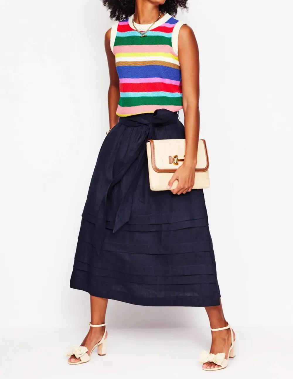 Navy Linen Midi Skirt