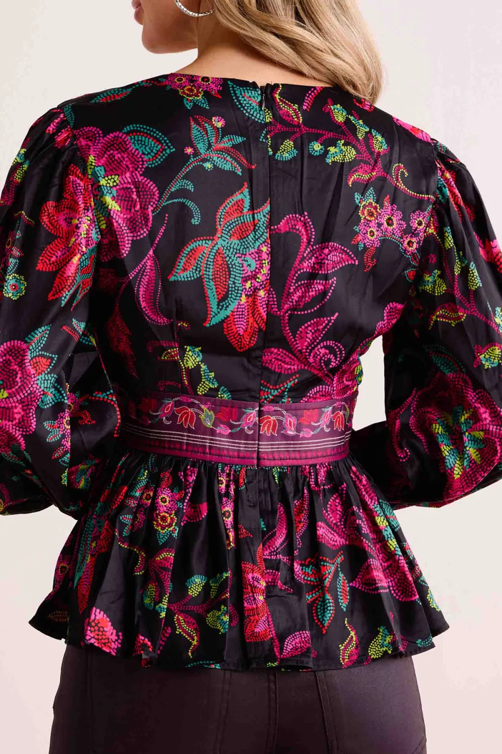 Pink Floral Print V-Neck Peplum Long Sleeve Blouse