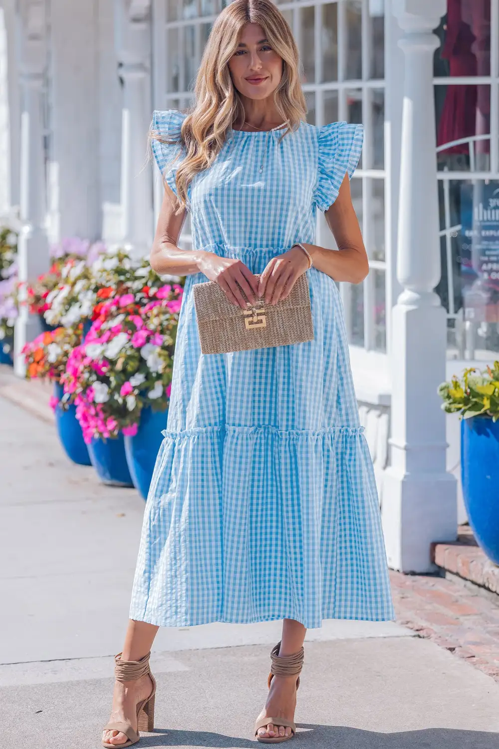 Structured Shape Plaid Ruffle Short Sleeve Maxi Dress