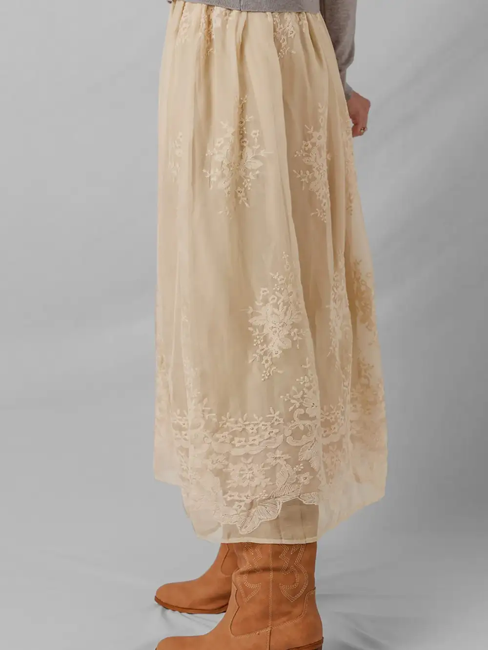 Mesh Embroidered Midi Skirt