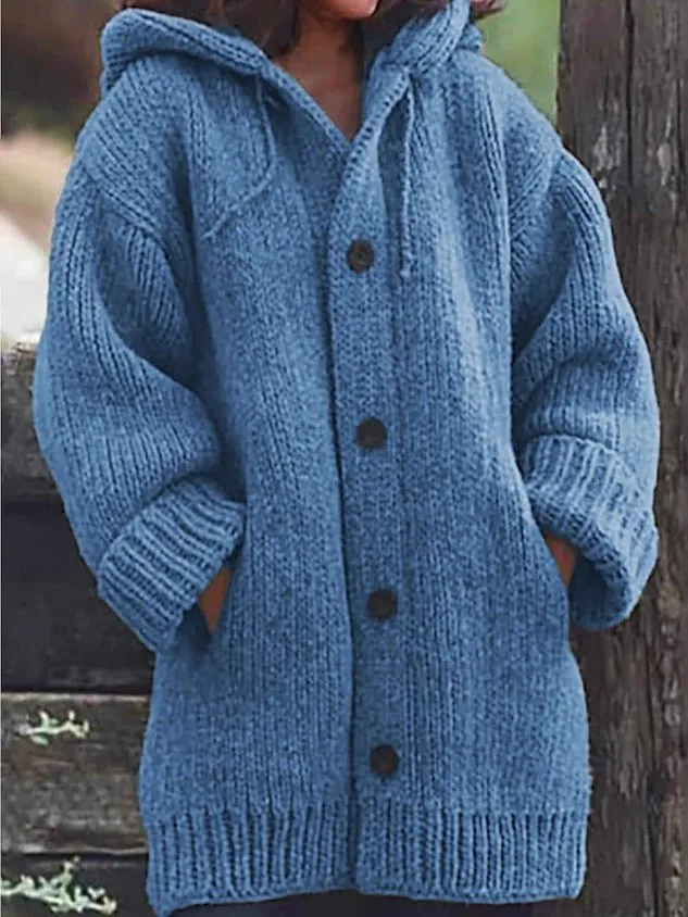 Button Down Hooded Knitted Cardigan Plus Size Knit coat