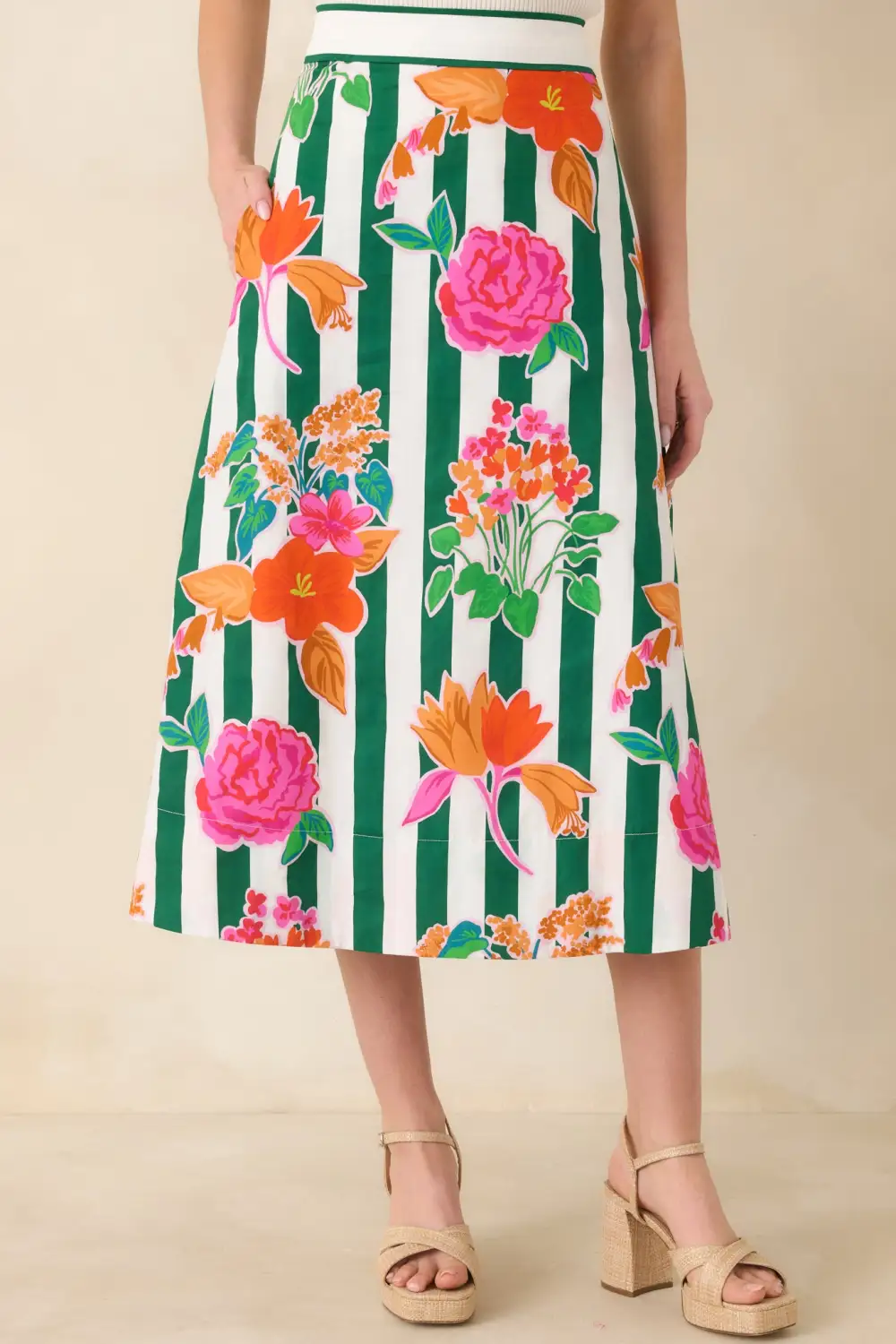 Multi Floral Stripe Cotton Midi Skirt