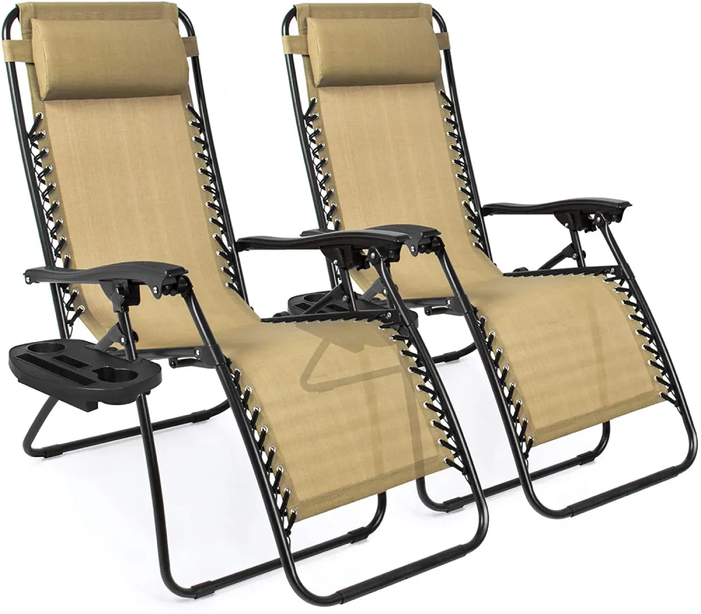 Set of 2 Adjustable Steel Mesh Zero Gravity Lounge Chair Recliners w/Pillows and Cup Holder Trays