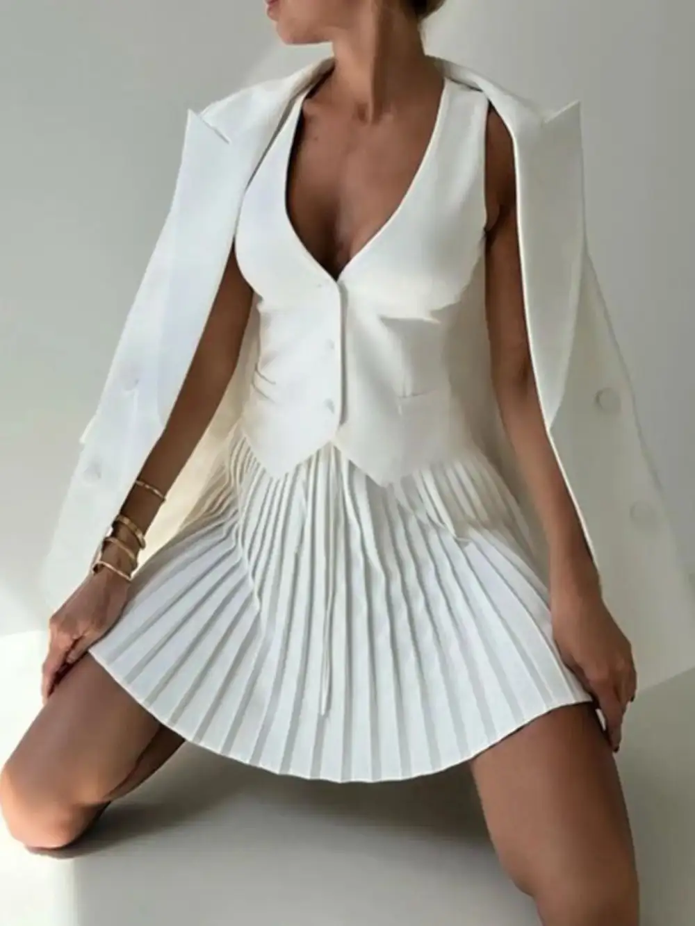 Modern Button Front Pleated Detail Coordinated Set