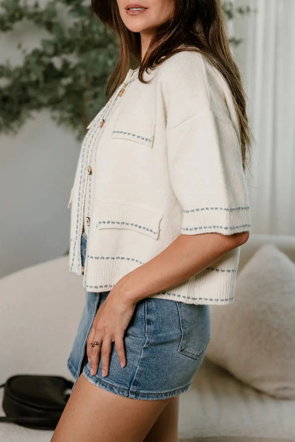 Contrast Color Stitch Button Up Cardigan