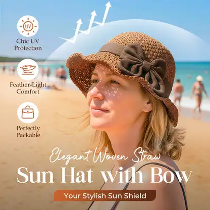 Women's Foldable Wide-Brim Straw Sun Hat – Hand-Knitted Cotton-Linen Blend with Bow Detail (Summer Style)