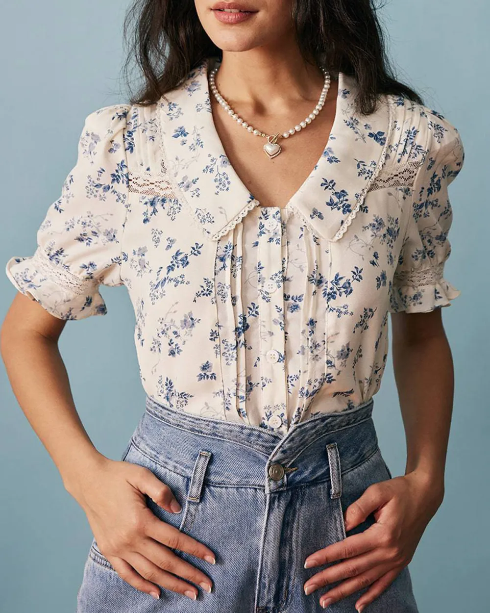 The Lace Spliced Pleated Floral Shirt