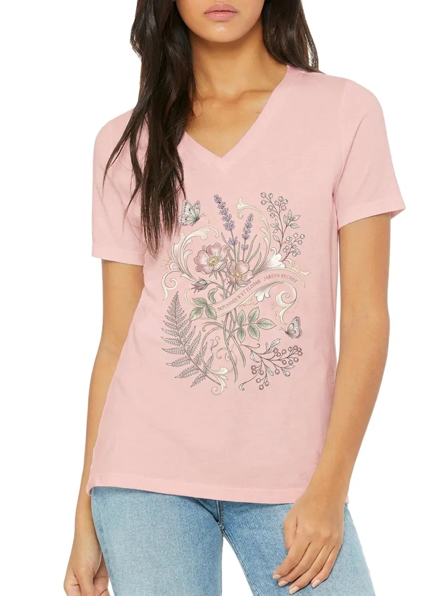 Women's Botanical Garden Butterfly Floral Printed V-Neck T-Shirt