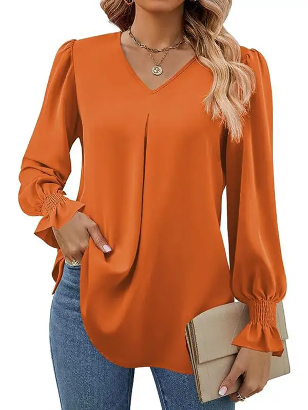 Pleated Chiffon V-Neck Blouse