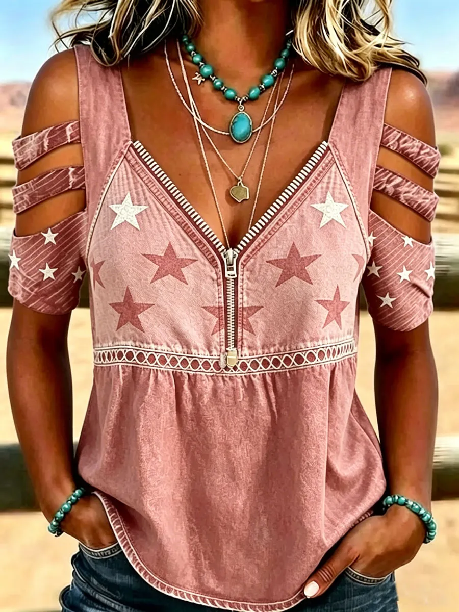 Female Casual Hollowed Out Patriotic T-Shirt