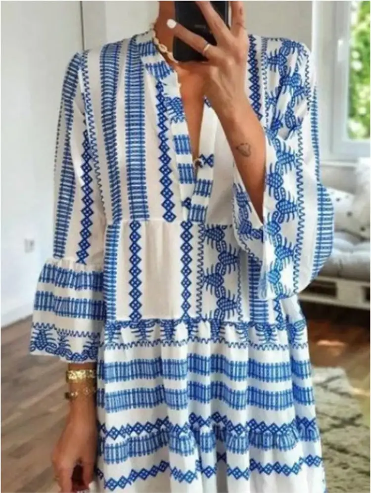 Blue White Bohemian Print Maxi Dress