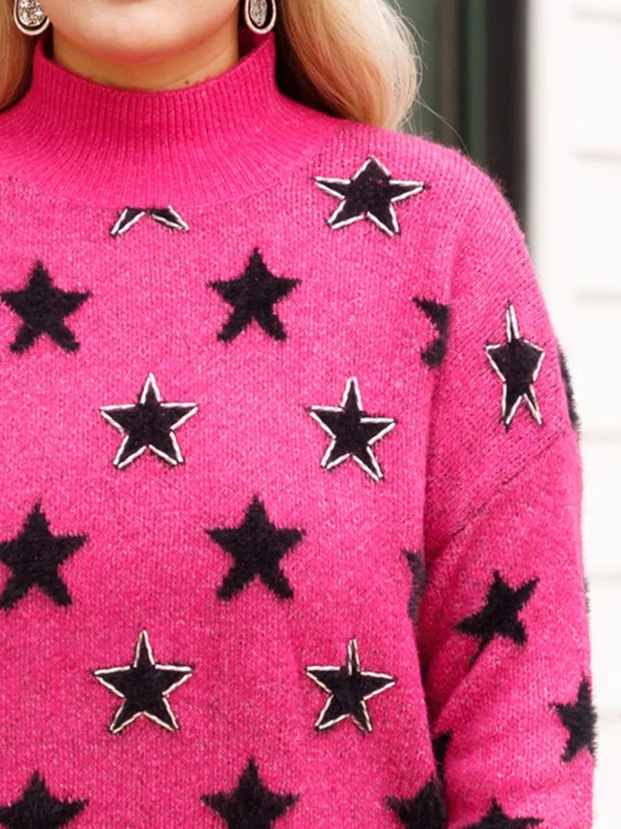 Star Patterned Rose Red Loose Knit Sweater