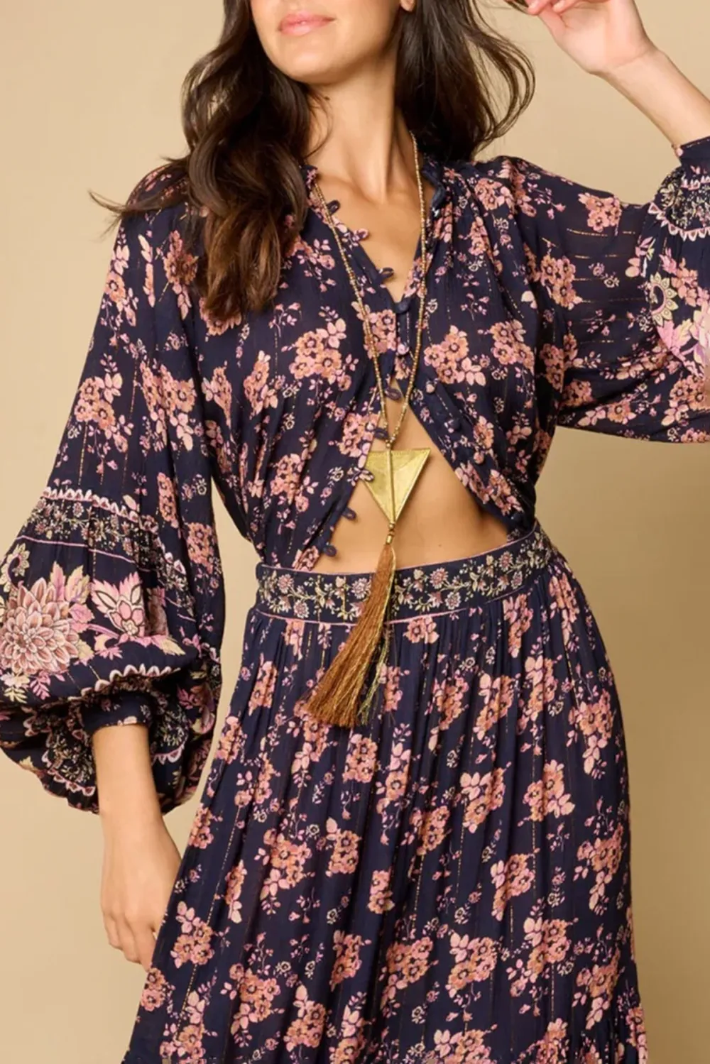 Navy Floral Print Long Sleeve Crop Top