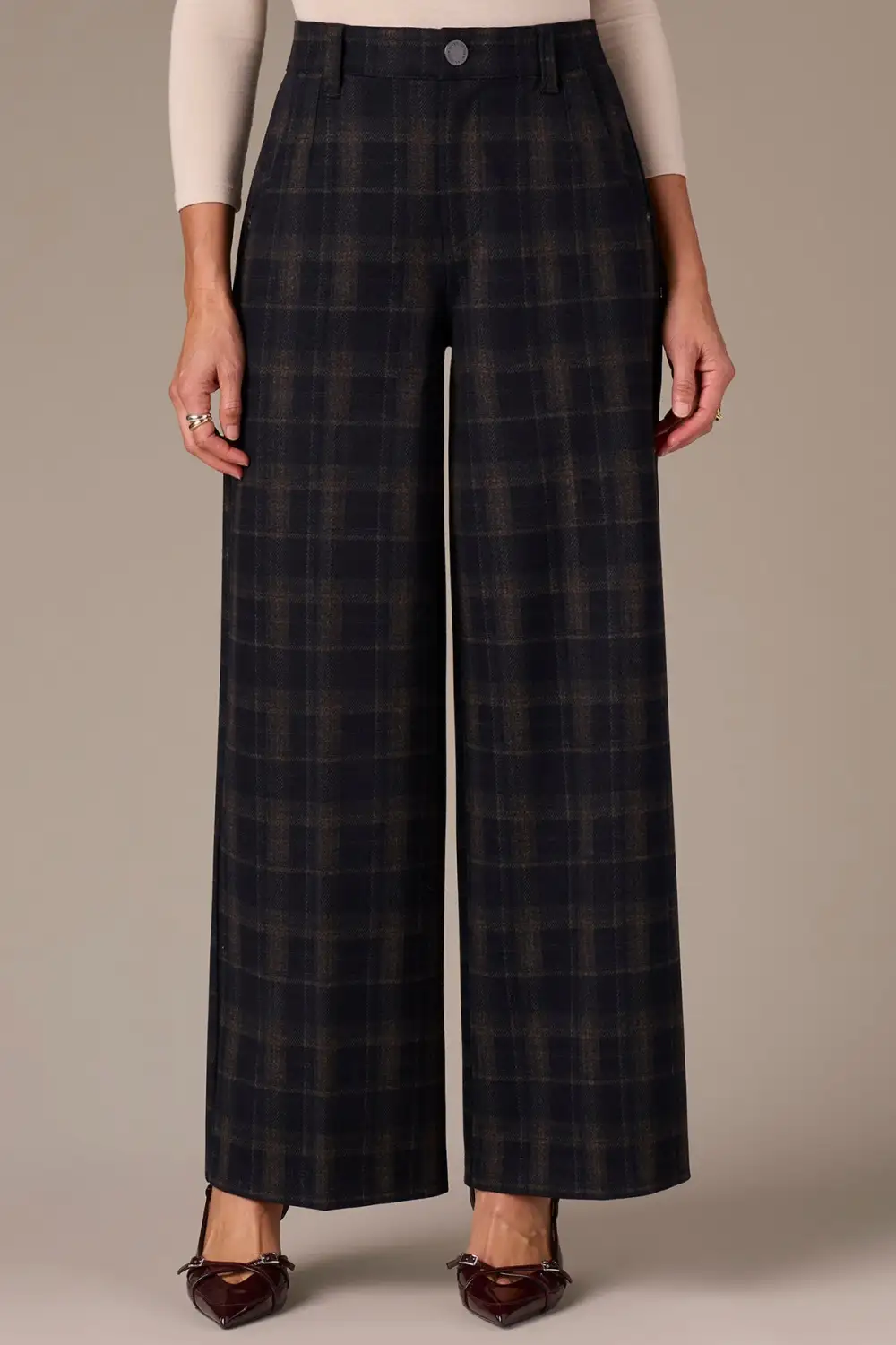 Petite Side Slit Plaid Wide Leg Pants