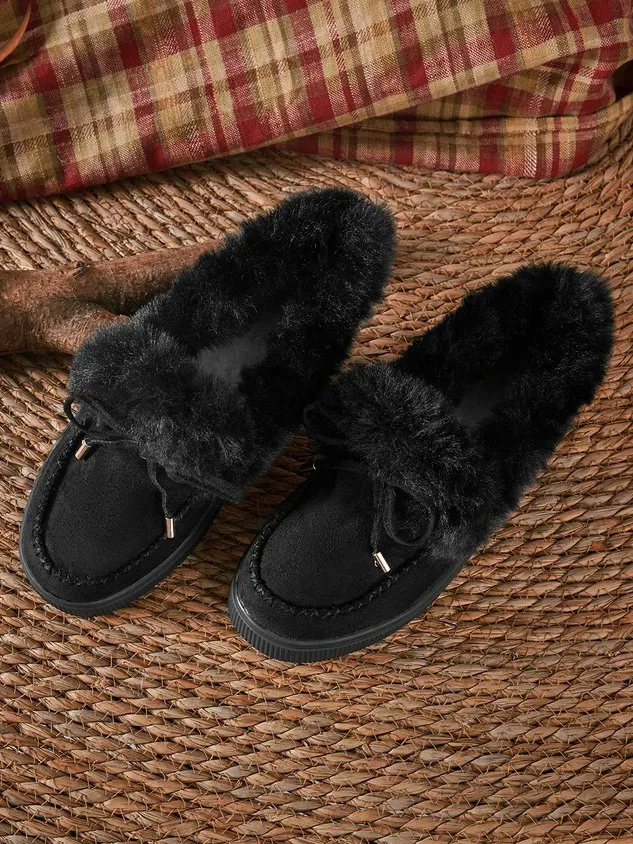 Vintage Plain All Season Wearable Daily Flat Shoes Faux Fur Slip On Deep Mouth Single Shoes for Women