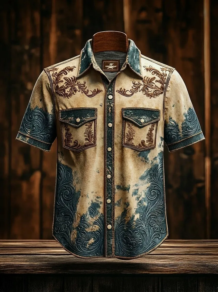 Men's Western Cowboy Floral Tooled Leather Printed Shirt-2