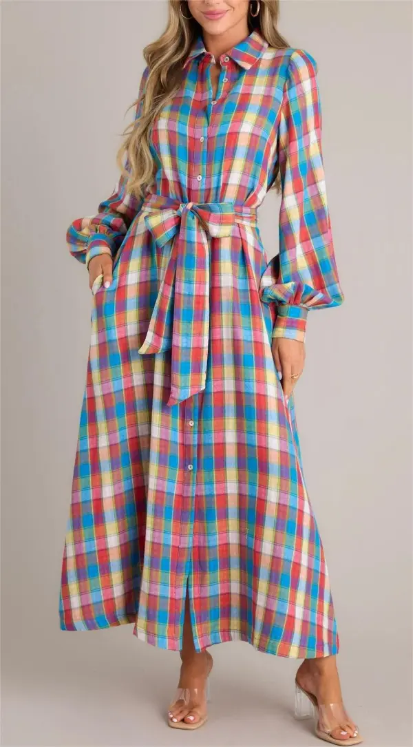 BLUE MULTI PLAID MAXI DRESS