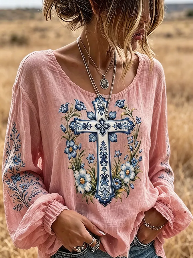 Women's  Floral Cross Print Western Long Sleeve Blouse