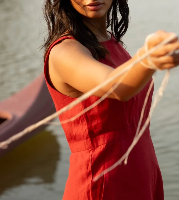 Rust Red Linen Cutaway Maxi Dress