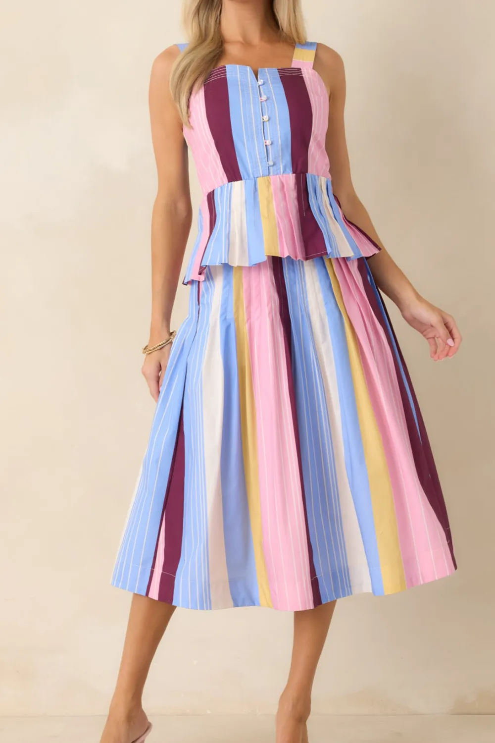 Noticed Multi Stripe Cotton Pleated Midi Skirt