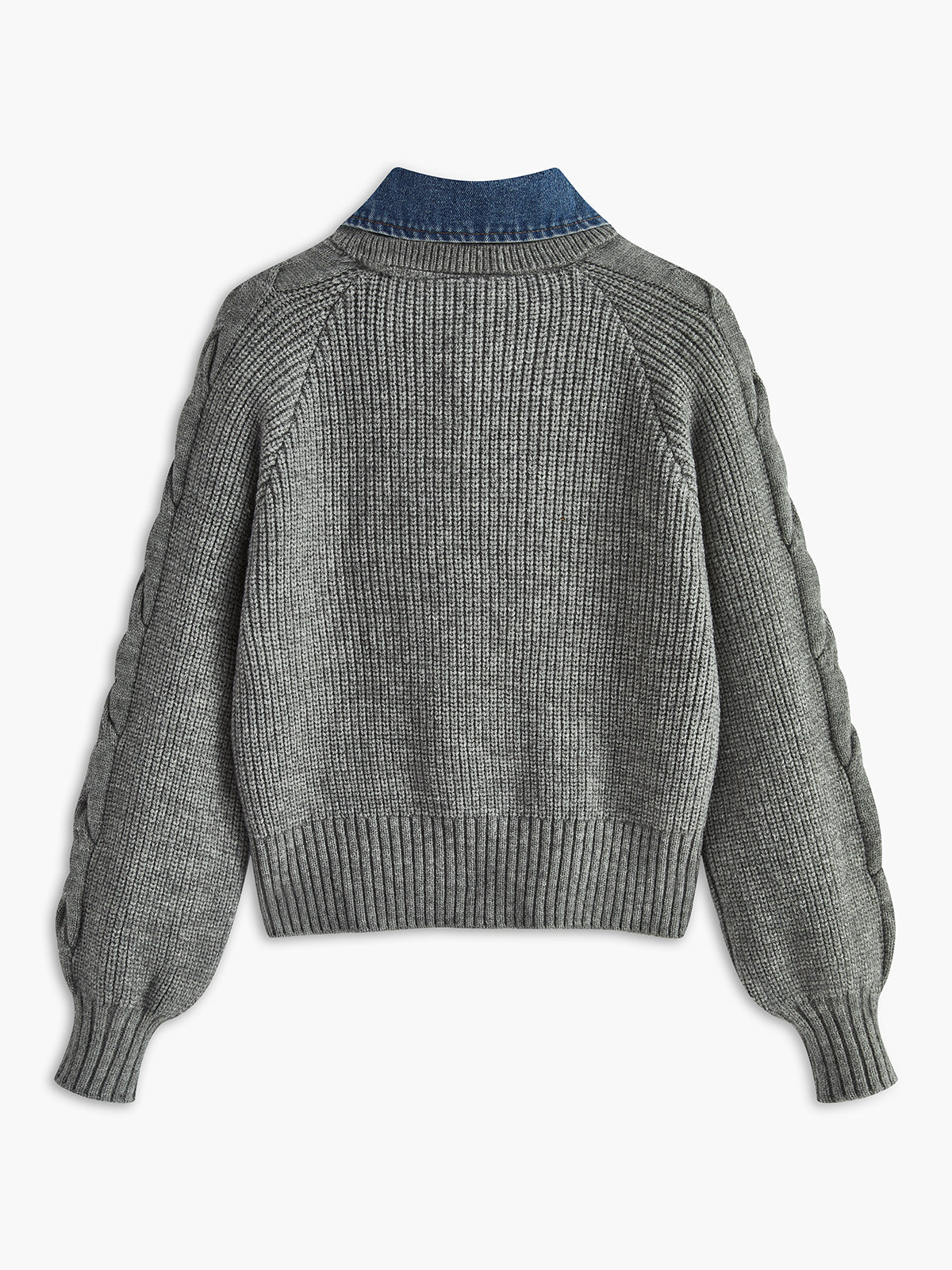 Denim Panel Ribbed Lapel Sweater