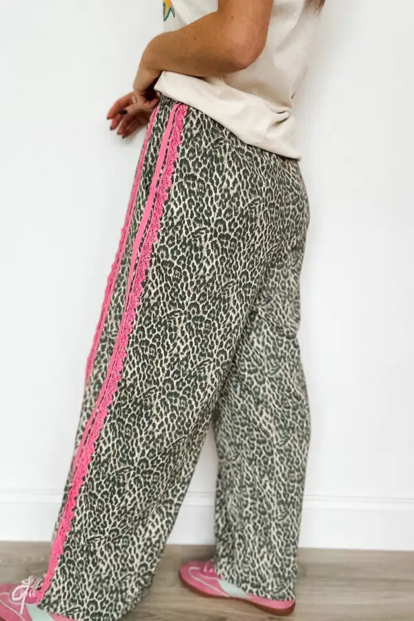 Mesh Leopard Contrast Lace Striped Pants