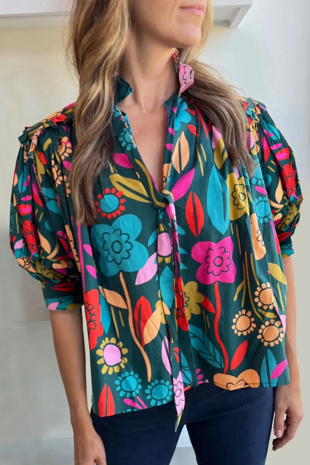 Modern Floral V-Neck Puff Sleeve Blouse