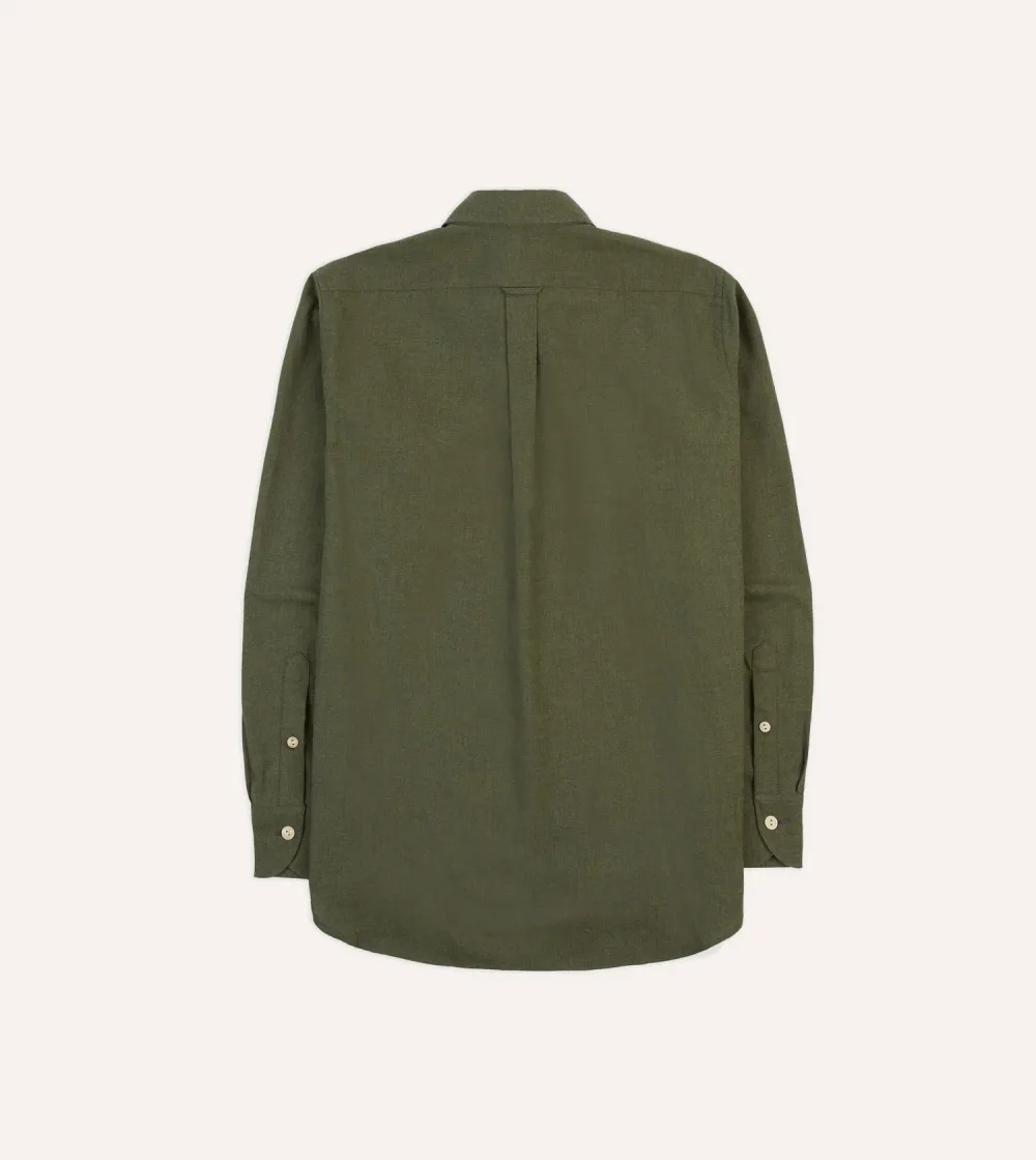 Khaki Green Button Front Cotton Flannel Two-Pocket Work Shirt