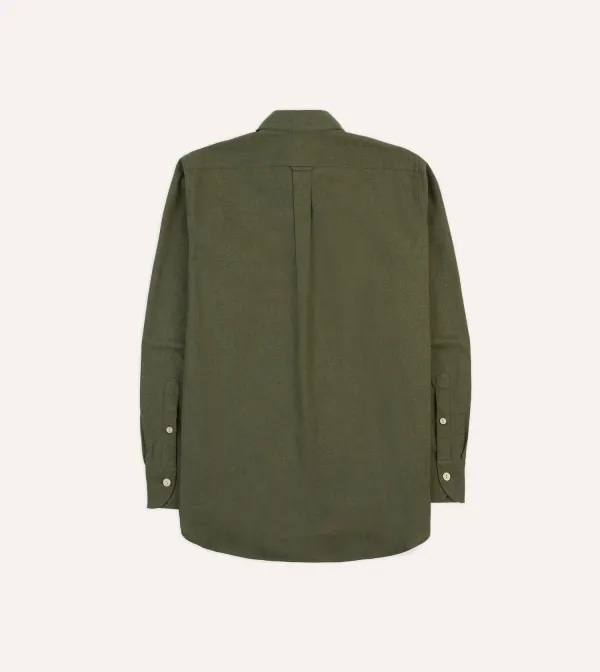 Khaki Green Button Front Cotton Flannel Two-Pocket Work Shirt