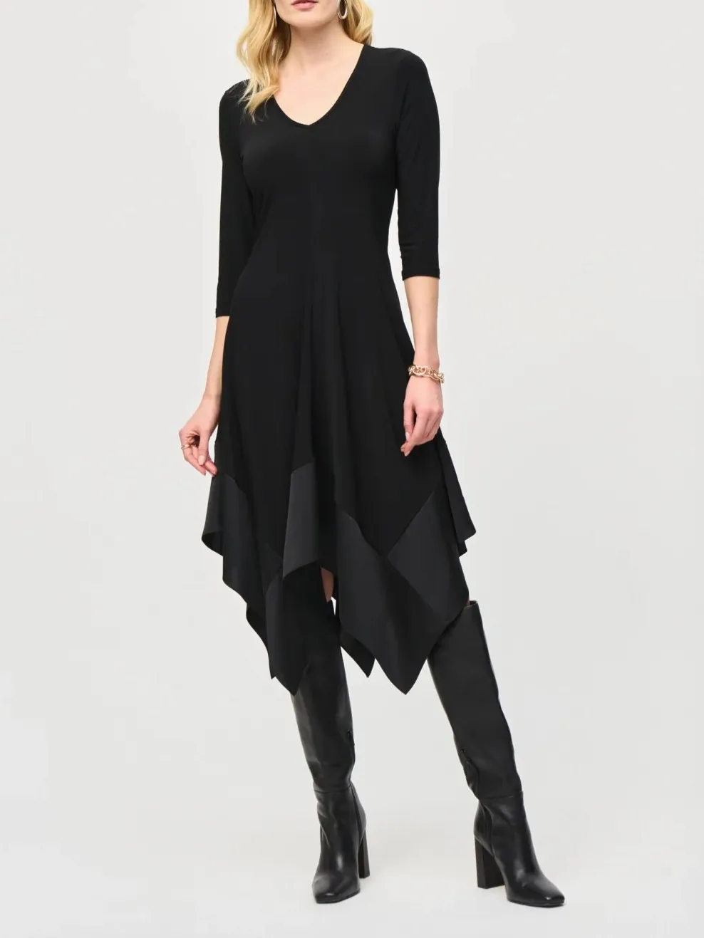 Black Asymmetric Hem V - Neck Dress