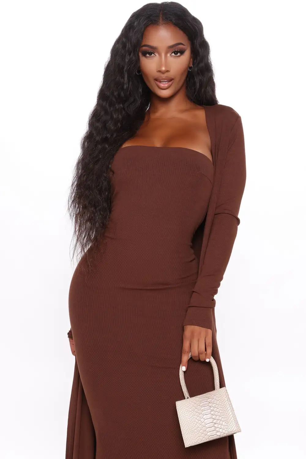 Satisfied Ribbed Maxi Dress Set - Brown