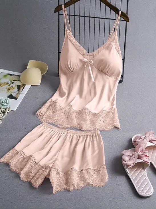 Casual Lace Plain Loose Pajama Set