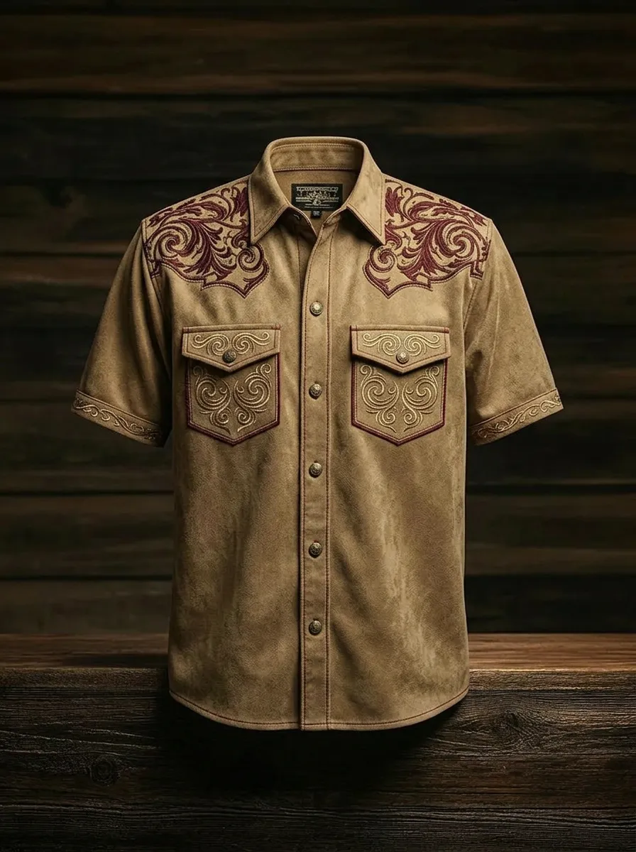 Men's Western Cowboy Floral Embroidery Printed Shirt-3