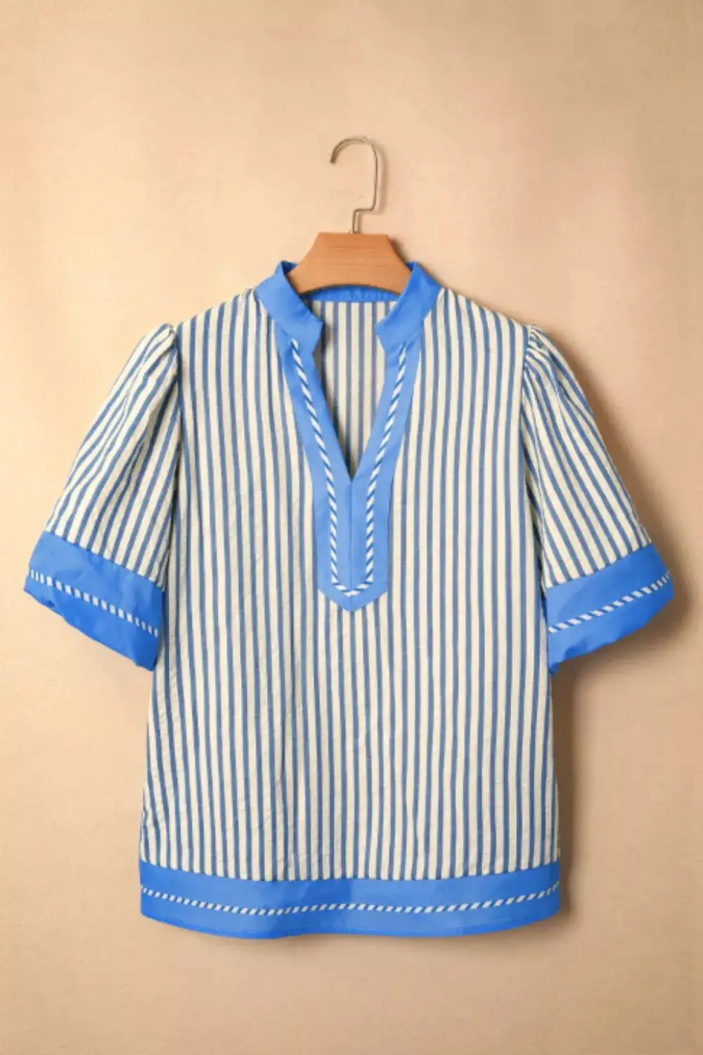 Stripe Contrast Blocked Detail V Neck Short Sleeve Blouse