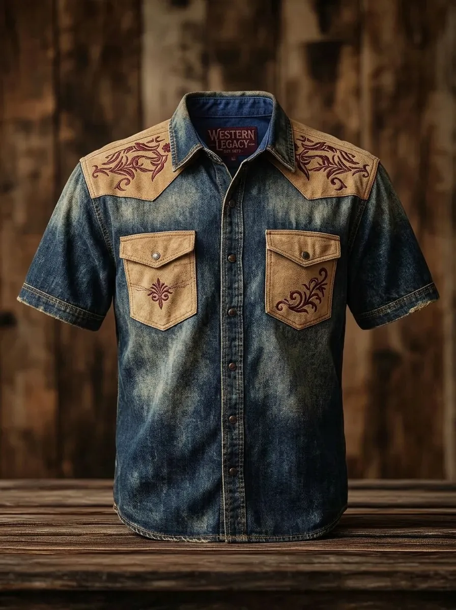 Men's Western Cowboy Floral Embroidery Acid Wash Denim Shirt