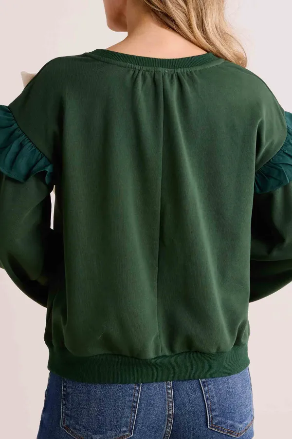 Green Ruffled Sleeve Bow-Accent Sweater